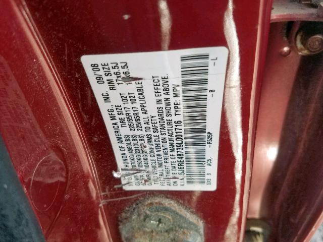 5J6RE48739L001716 - 2009 HONDA CR-V EXL RED photo 10