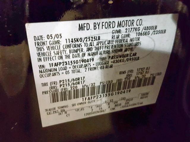 1FAFP23155G190419 - 2005 FORD FIVE HUNDR BLACK photo 10