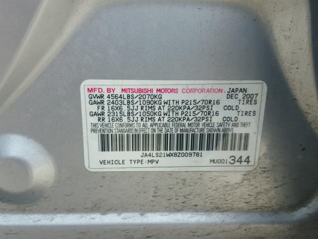 JA4LS21WX8Z009781 - 2008 MITSUBISHI OUTLANDER SILVER photo 10