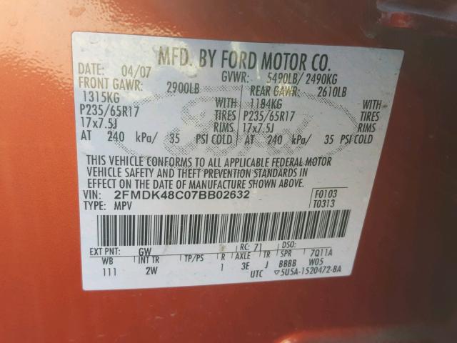 2FMDK48C07BB02632 - 2007 FORD EDGE SEL ORANGE photo 10