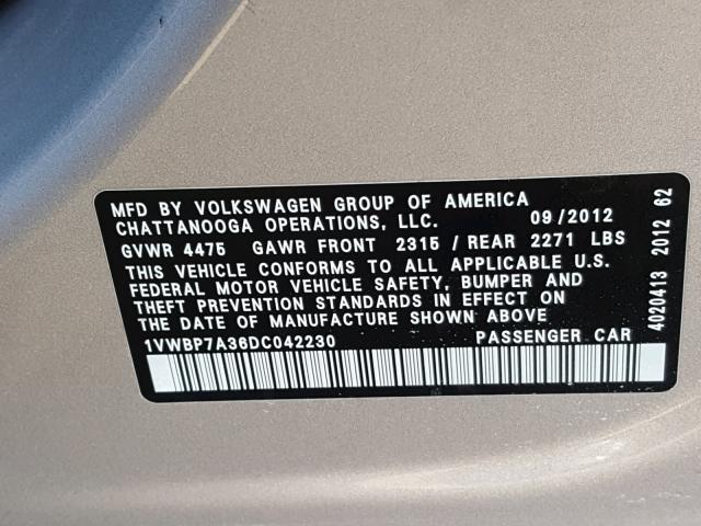 1VWBP7A36DC042230 - 2013 VOLKSWAGEN PASSAT SE GRAY photo 10