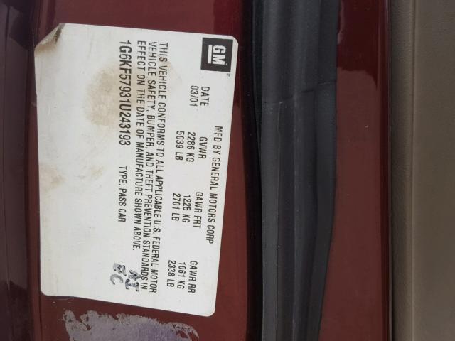 1G6KF57931U243193 - 2001 CADILLAC DEVILLE DT BURGUNDY photo 10