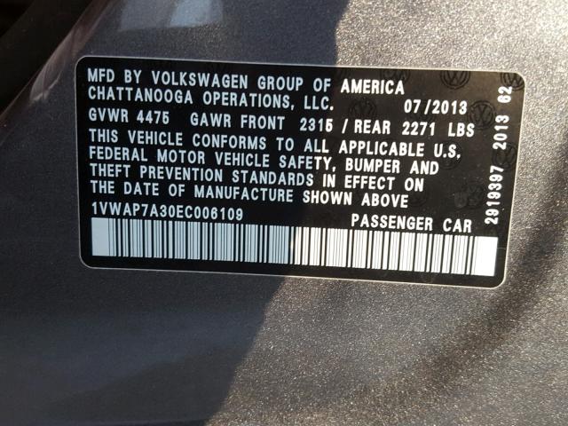 1VWAP7A30EC006109 - 2014 VOLKSWAGEN PASSAT S GRAY photo 10