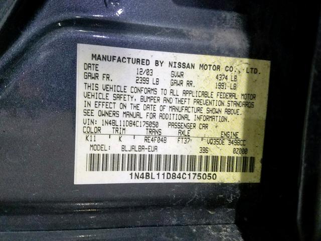 1N4BL11D84C175050 - 2004 NISSAN ALTIMA SE GRAY photo 10