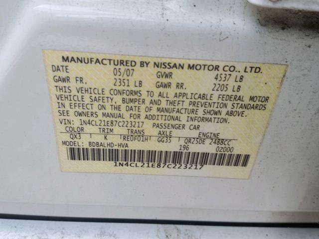 1N4CL21E87C223217 - 2007 NISSAN ALTIMA HYB WHITE photo 10