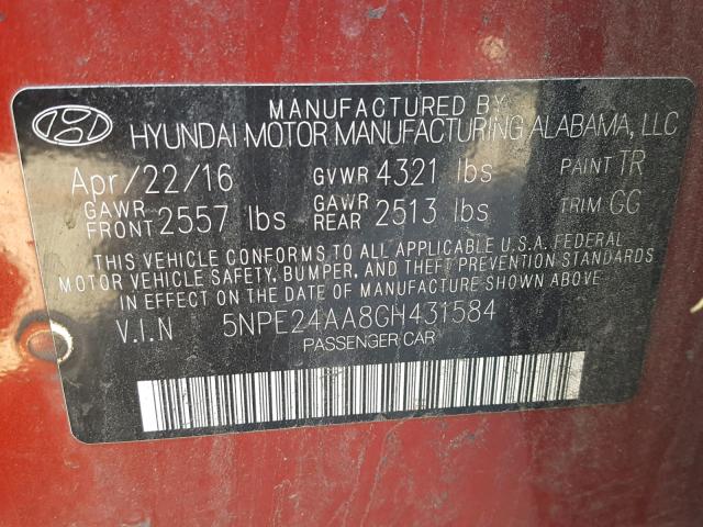 5NPE24AA8GH431584 - 2016 HYUNDAI SONATA ECO RED photo 10