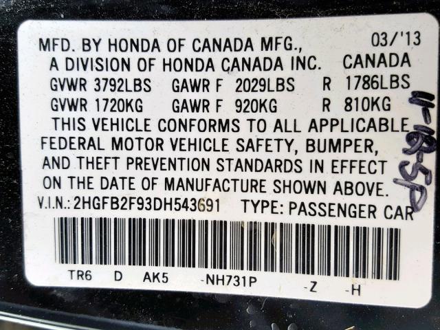 2HGFB2F93DH543691 - 2013 HONDA CIVIC EXL BLACK photo 10