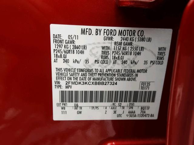 2FMDK3KCXBBB27324 - 2011 FORD EDGE LIMIT RED photo 10