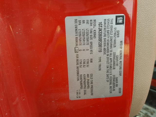 1GTJK33608F206119 - 2008 GMC SIERRA K35 RED photo 10