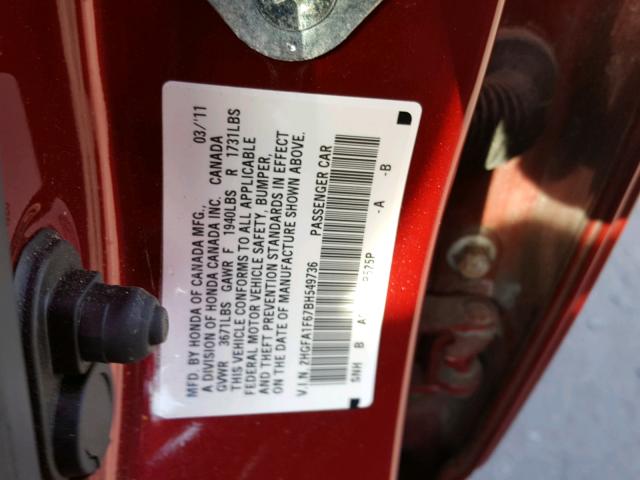 2HGFA1F67BH549736 - 2011 HONDA CIVIC LX-S 栗色 照片 10
