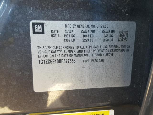 1G1ZC5E10BF327553 - 2011 CHEVROLET MALIBU 1LT CHARCOAL photo 10