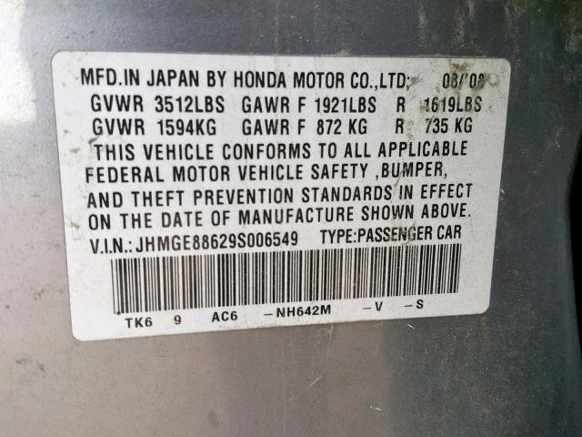 JHMGE88629S006549 - 2009 HONDA FIT SPORT GRAY photo 10