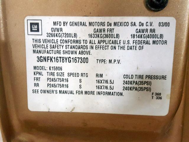 3GNFK16T8YG167300 - 2000 CHEVROLET SUBURBAN K GOLD photo 10