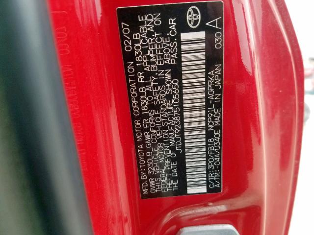 JTDJT923875105650 - 2007 TOYOTA YARIS RED photo 10