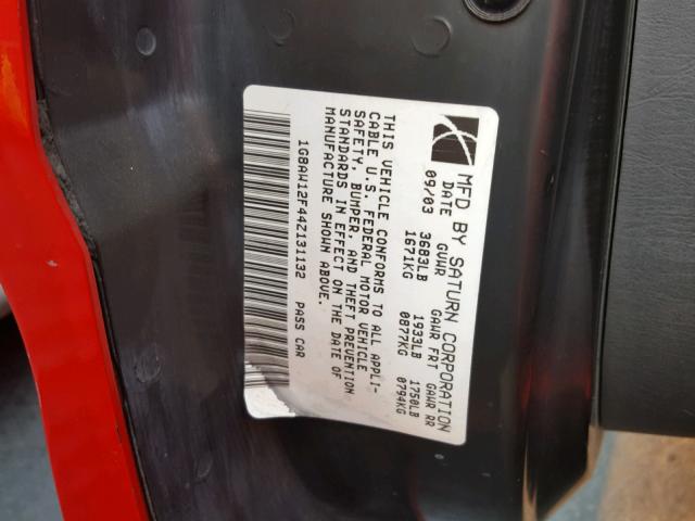 1G8AW12F44Z131132 - 2004 SATURN ION LEVEL RED photo 10