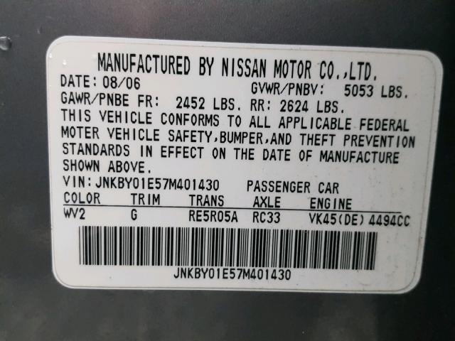 JNKBY01E57M401430 - 2007 INFINITI M45 BASE GRAY photo 10