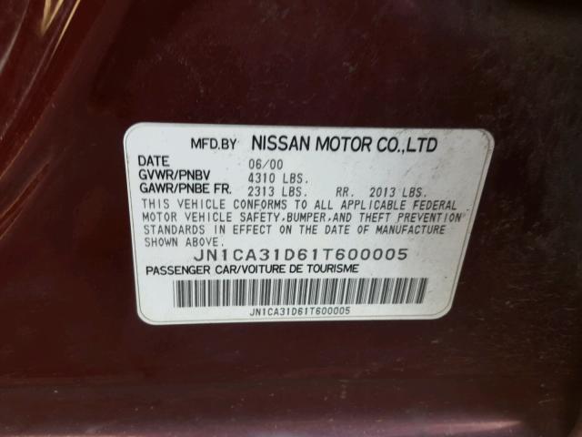 JN1CA31D61T600005 - 2001 NISSAN MAXIMA GXE MAROON photo 10