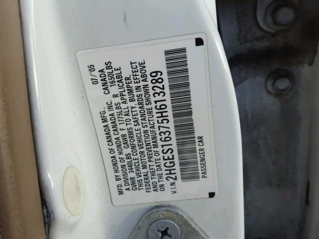 2HGES16375H613289 - 2005 HONDA CIVIC DX V WHITE photo 10