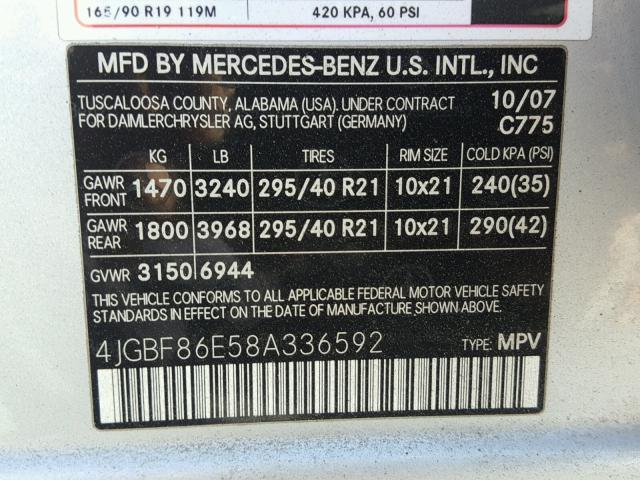 4JGBF86E58A336592 - 2008 MERCEDES-BENZ GL 550 4MA SILVER photo 10