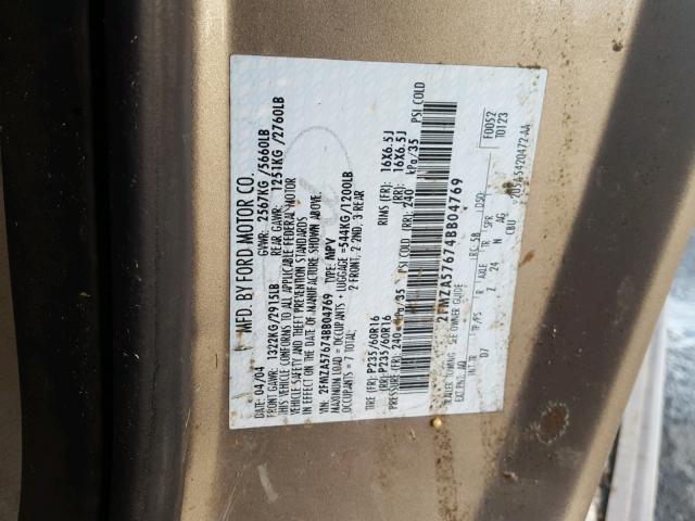 2FMZA57674BB04769 - 2004 FORD FREESTAR S TAN photo 10