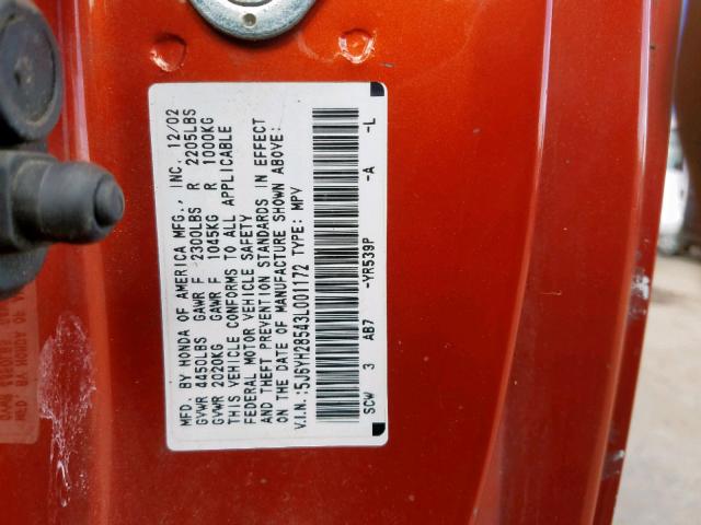 5J6YH28543L001172 - 2003 HONDA ELEMENT EX ORANGE photo 10