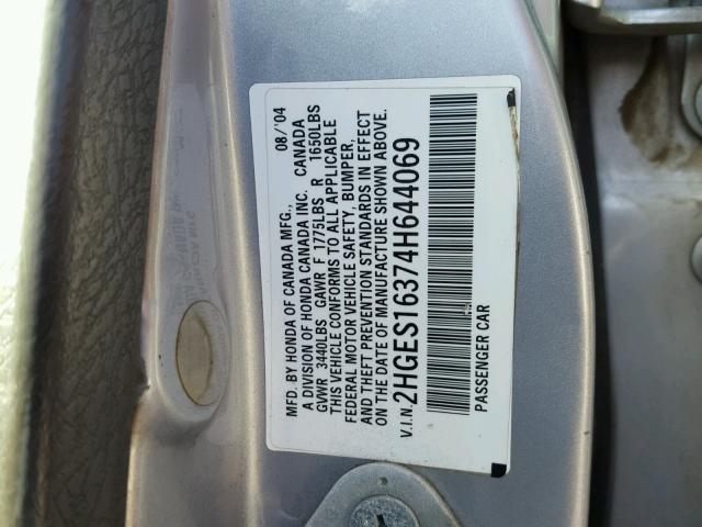 2HGES16374H644069 - 2004 HONDA CIVIC DX V SILVER photo 10