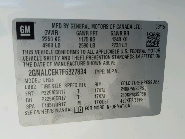 2GNALCEK7F6327834 - 2015 CHEVROLET EQUINOX LT WHITE photo 10