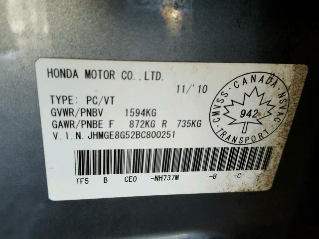 JHMGE8G52BC800251 - 2011 HONDA FIT SPORT GRAY photo 10