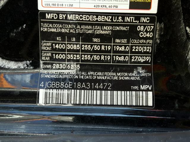 4JGBB86E18A314472 - 2008 MERCEDES-BENZ ML 350 BLACK photo 10