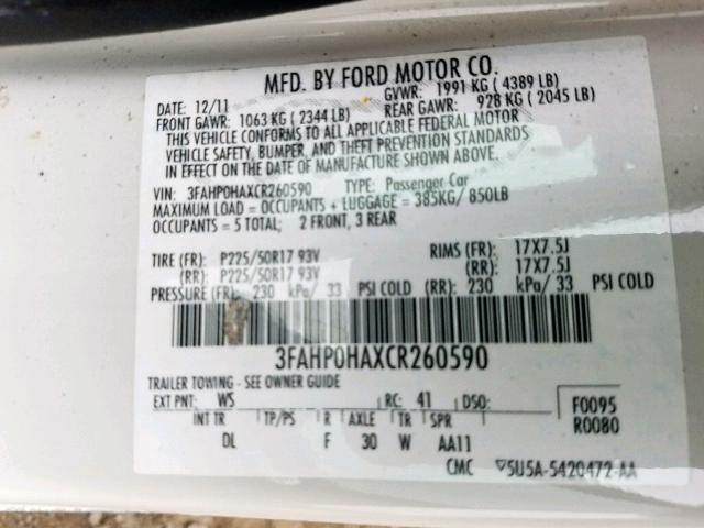 3FAHP0HAXCR260590 - 2012 FORD FUSION SE WHITE photo 10