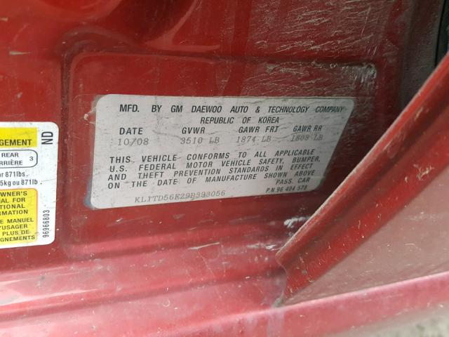 KL1TD56E29B393056 - 2009 CHEVROLET AVEO LS RED photo 10