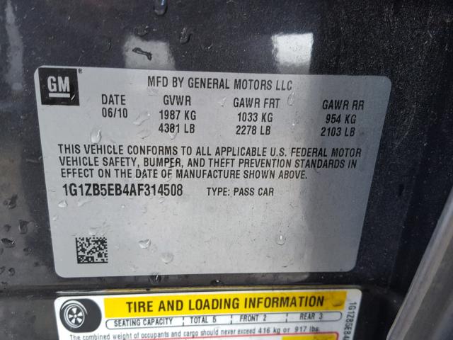 1G1ZB5EB4AF314508 - 2010 CHEVROLET MALIBU LS 石墨色 照片 10