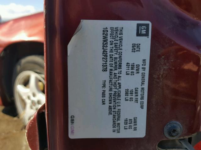 1G2WK52J42F271378 - 2002 PONTIAC GRAND PRIX MAROON photo 10