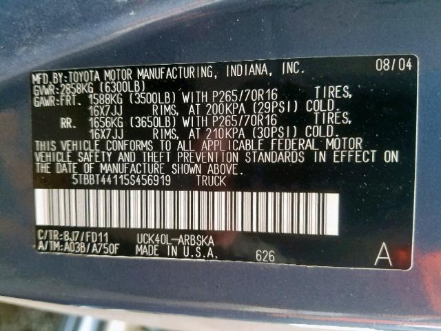 5TBBT44115S456919 - 2005 TOYOTA TUNDRA ACC BLUE photo 10