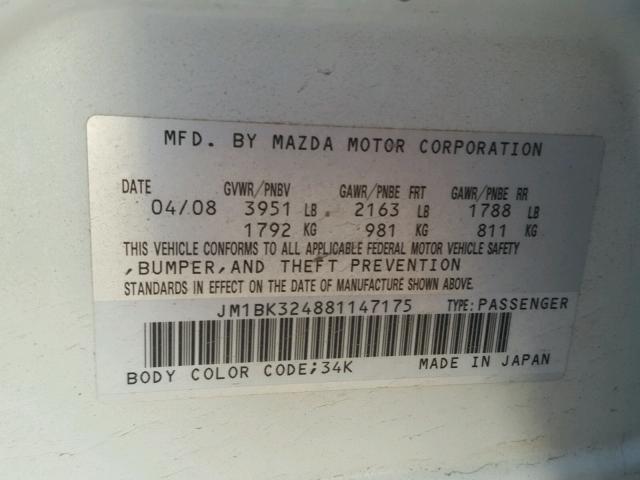 JM1BK324881147175 - 2008 MAZDA 3 S WHITE photo 10