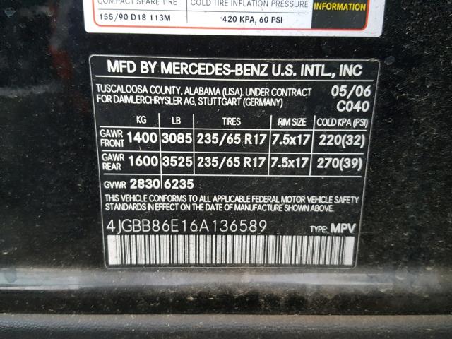 4JGBB86E16A136589 - 2006 MERCEDES-BENZ ML 350 BLACK photo 10