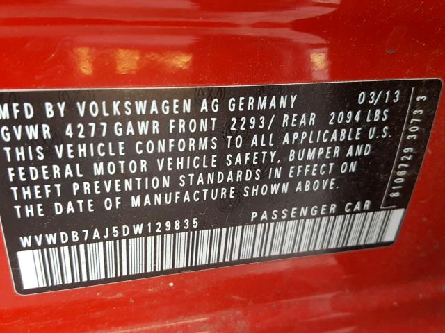 WVWDB7AJ5DW129835 - 2013 VOLKSWAGEN GOLF 红色 照片 10