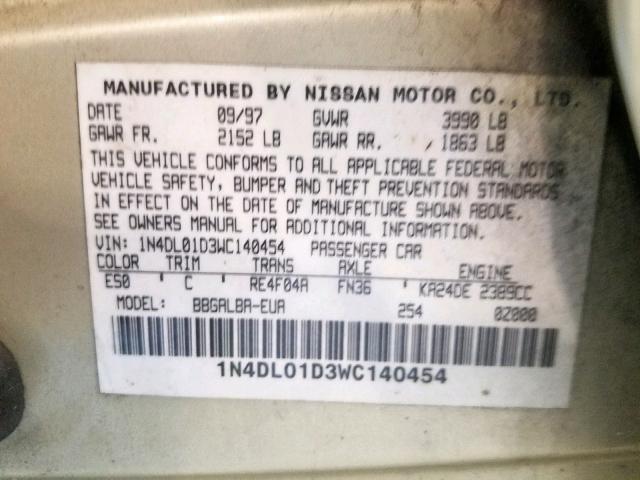 1N4DL01D3WC140454 - 1998 NISSAN ALTIMA XE GOLD photo 10