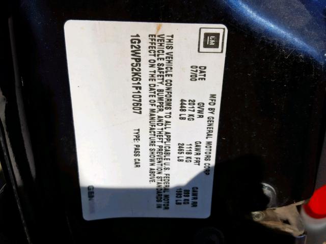 1G2WP52K61F107607 - 2001 PONTIAC GRAND PRIX Կապույտ լուսանկար 10