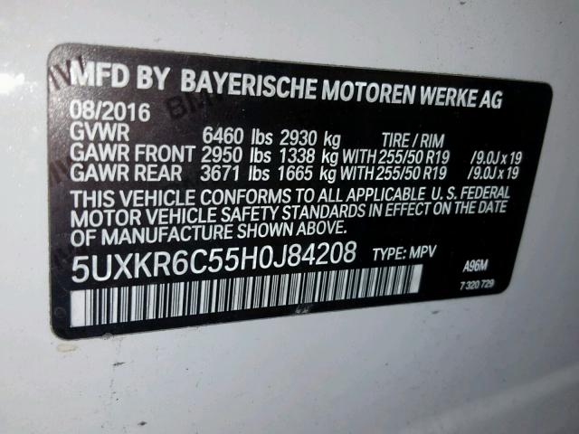 5UXKR6C55H0J84208 - 2017 BMW X5 XDRIVE5 WHITE photo 10