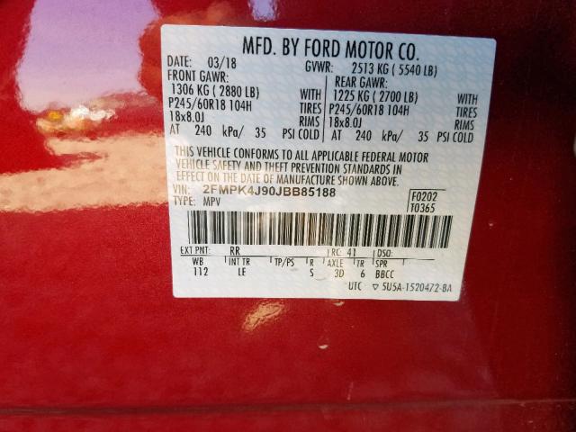 2FMPK4J90JBB85188 - 2018 FORD EDGE SEL RED photo 10