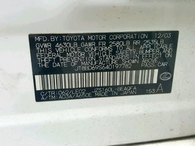 JT8BD69S640197782 - 2004 LEXUS GS 300 WHITE photo 10