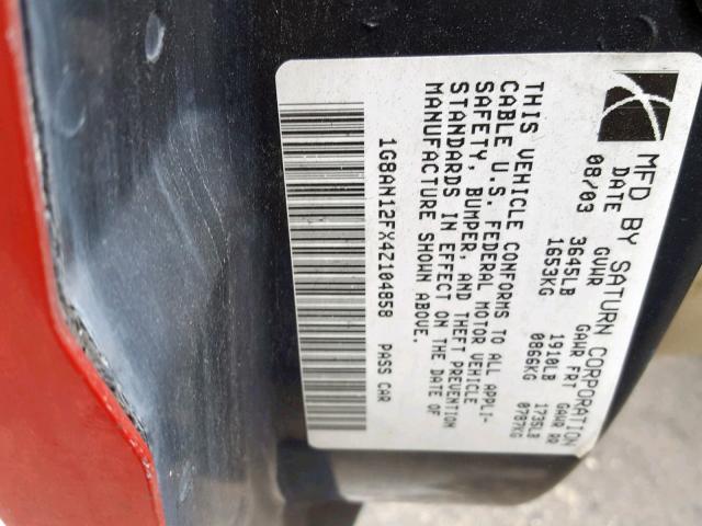 1G8AN12FX4Z104858 - 2004 SATURN ION LEVEL RED photo 10