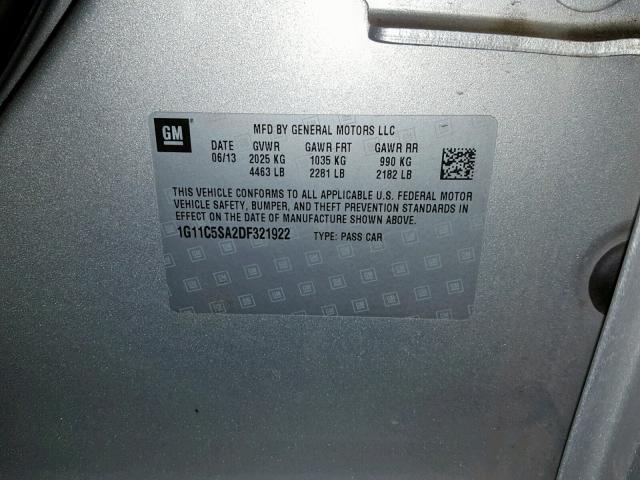 1G11C5SA2DF321922 - 2013 CHEVROLET MALIBU 1LT 银色 照片 10