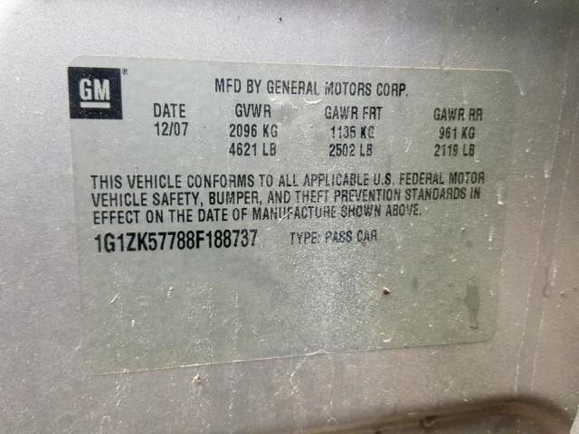 1G1ZK57788F188737 - 2008 CHEVROLET MALIBU LTZ ვერცხლისფერი ფოტო 10