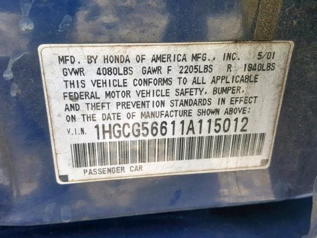 1HGCG56611A115012 - 2001 HONDA ACCORD EX BLUE photo 10