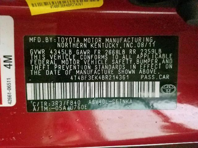 4T4BF3EK4BR214361 - 2011 TOYOTA CAMRY BASE RED photo 10