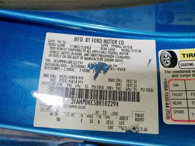 3FAHP0KC5BR102294 - 2011 FORD FUSION SPO BLUE photo 10