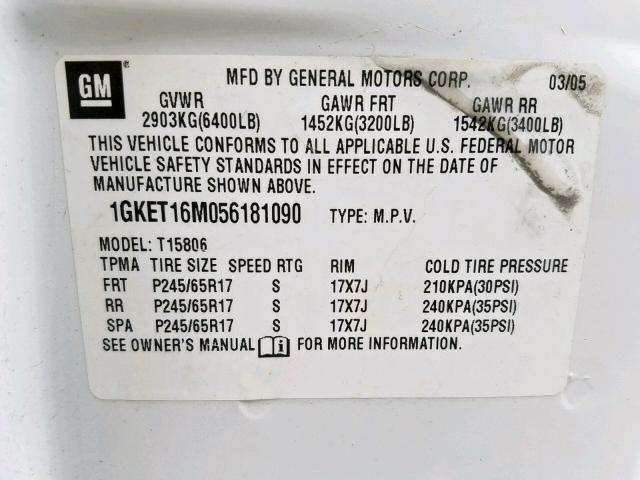 1GKET16M056181090 - 2005 GMC ENVOY XL WHITE photo 10