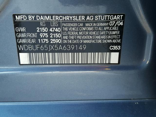 WDBUF65JX5A639149 - 2005 MERCEDES-BENZ E 320 BLUE photo 10